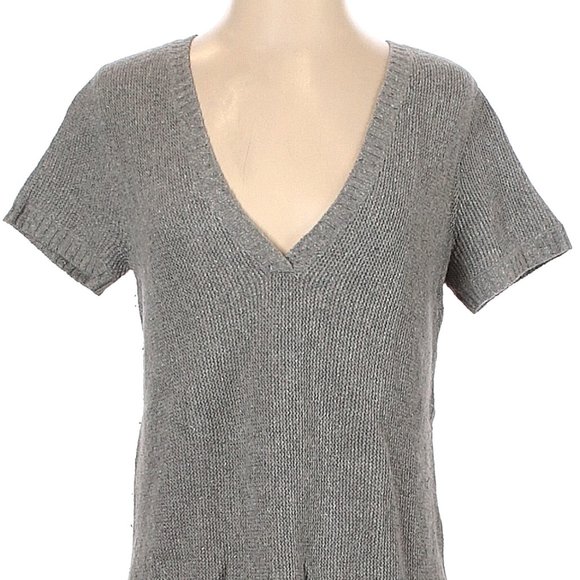 EILEEN FISHER Gray Wool Silk Blend V-Neck Short Sleeve Pockets Sweater Size XS - Picture 2 of 4